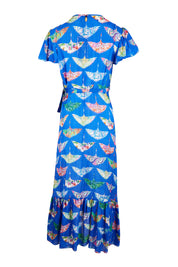 Product shot of the Birds Of Surfers Wrap Dress in colour Blue (Blue), from the back