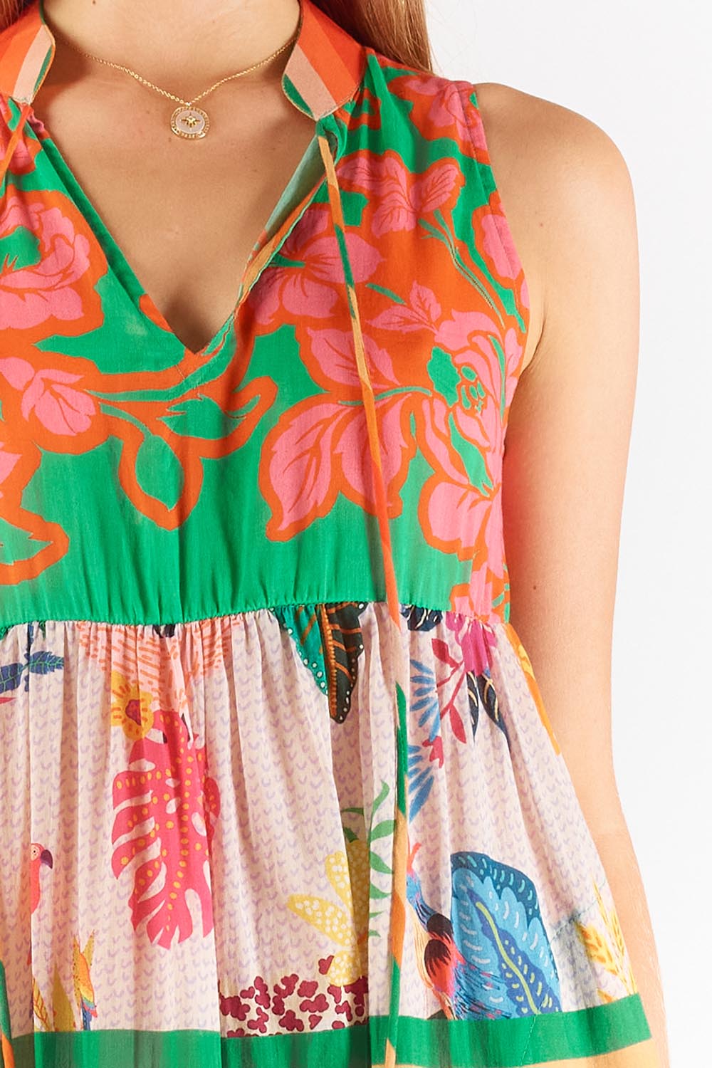 A model wearing the Blooming Patch Cotton Maxi Dress in colour Multi, from the front, cropped image