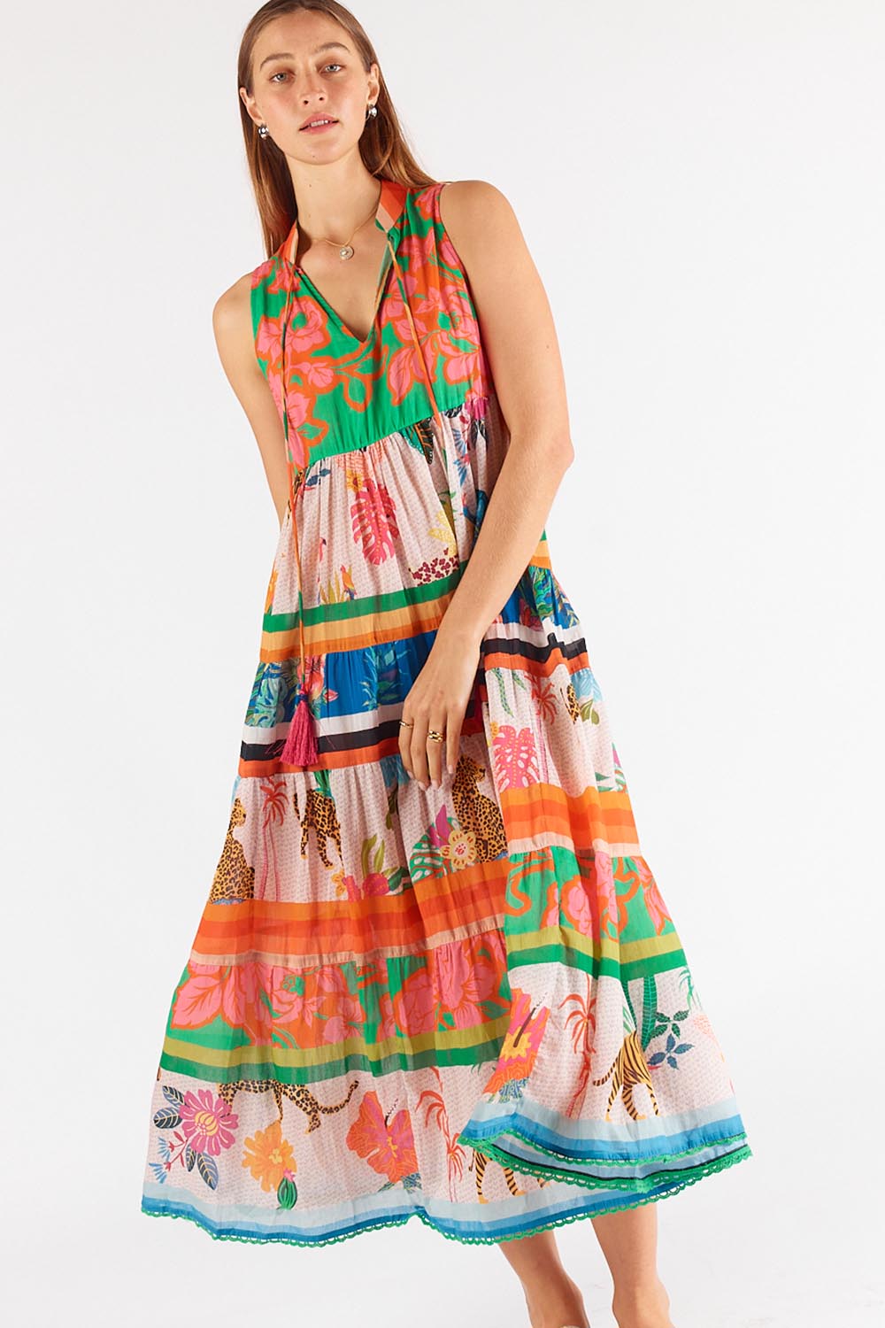 A model wearing the Blooming Patch Cotton Maxi Dress in colour Multi, from the front, showing the whole outfit