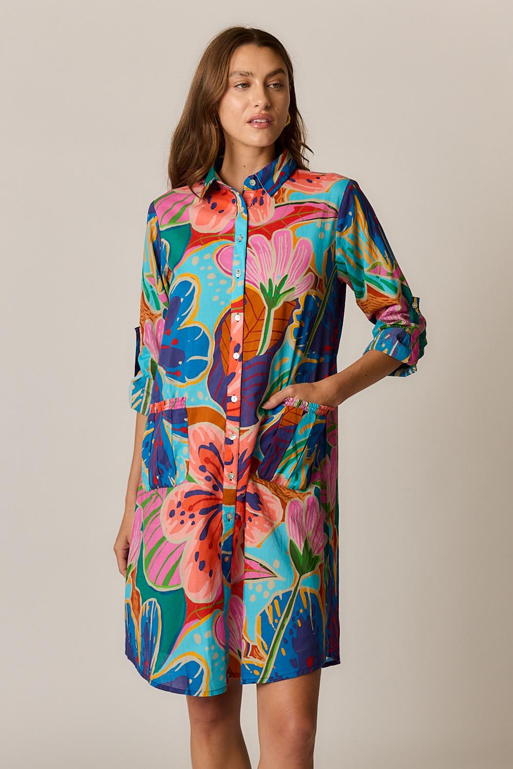 Model Genericm wearing size sample of the Breeze Shirtmaker Dress – Blue in colour Blue, in a cropped view
