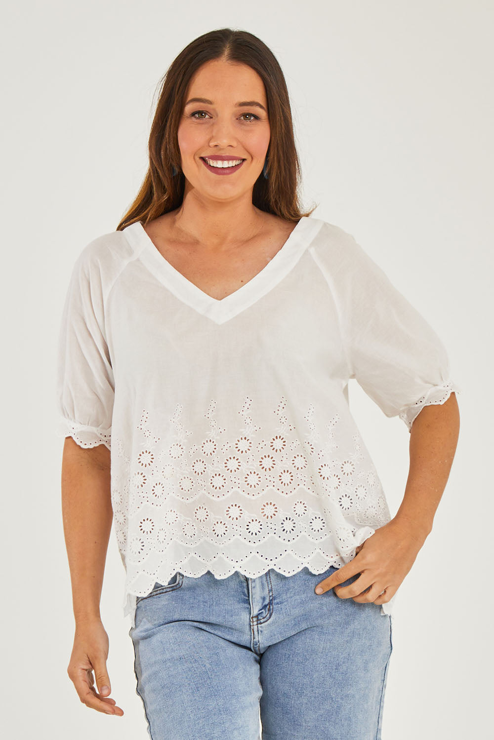Model Georgia wearing size S of the Bronte Top in colour White (White), from the front, cropped image