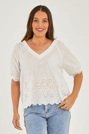 Model Georgia wearing size S of the Bronte Top in colour White (White), from the front, cropped image