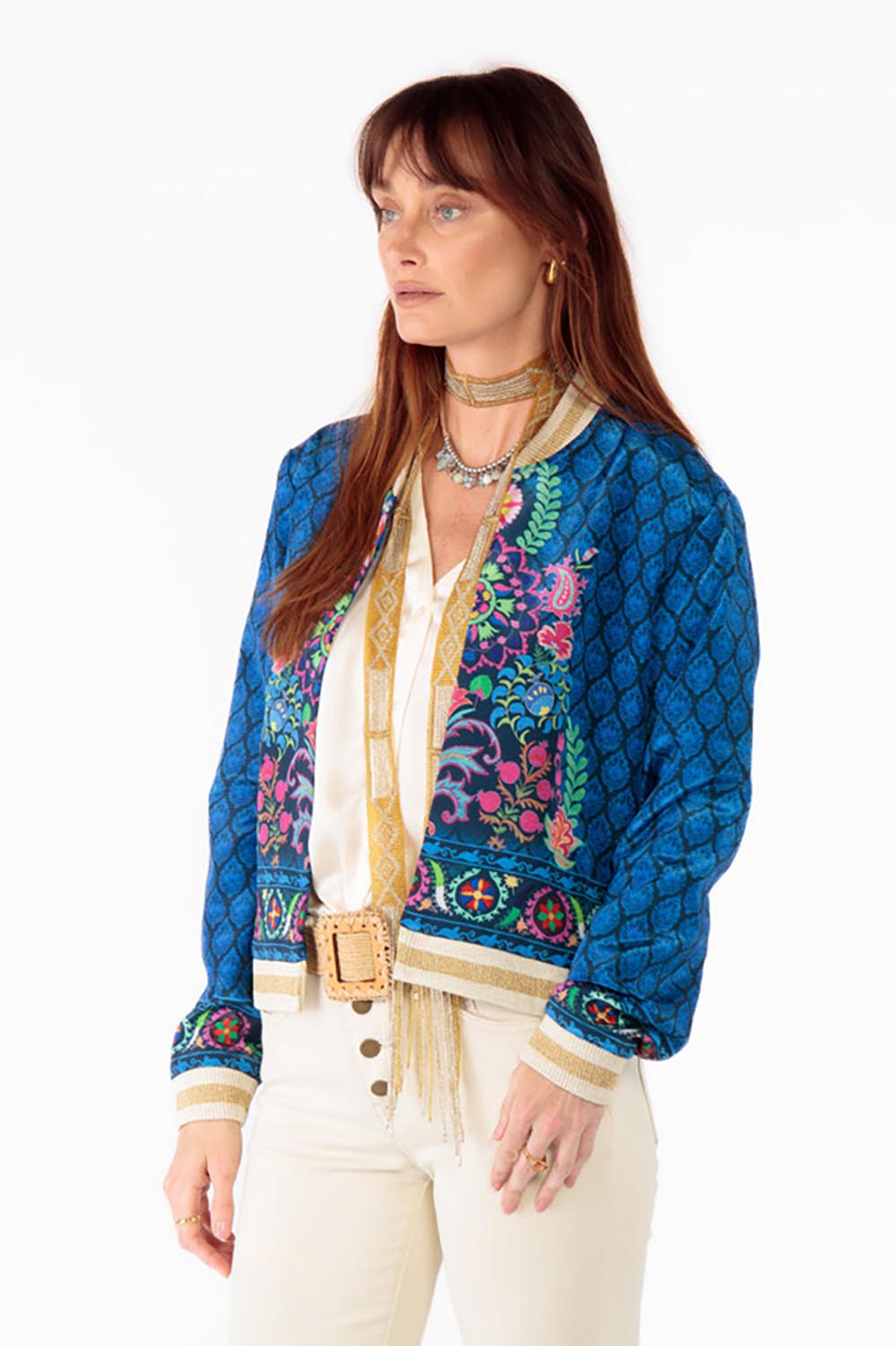 A model wearing the Camilla Jacket in colour Blue (Blue), from the front, cropped image