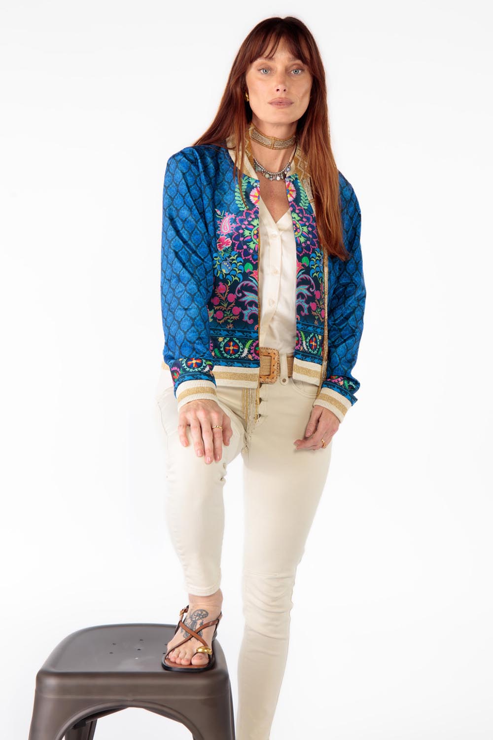 A model wearing the Camilla Jacket in colour Blue (Blue), from the front, showing the whole outfit