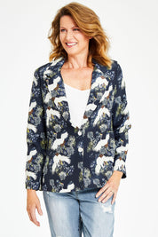 Model Naomi wearing size S of the Carlotta Jacket in colour Navy (Blue), from the front, cropped image