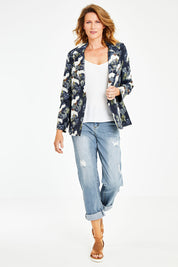 Model Naomi wearing size S of the Carlotta Jacket in colour Navy (Blue), from the front, showing the whole outfit