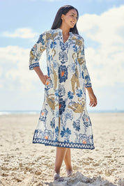 Model Eshan wearing size 10 of the Celia Kaftan - Navy in colour Navy, from the front