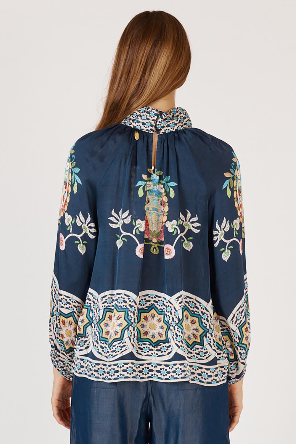 A model wearing the Garcia Shirt in colour Navy (Blue), from the back