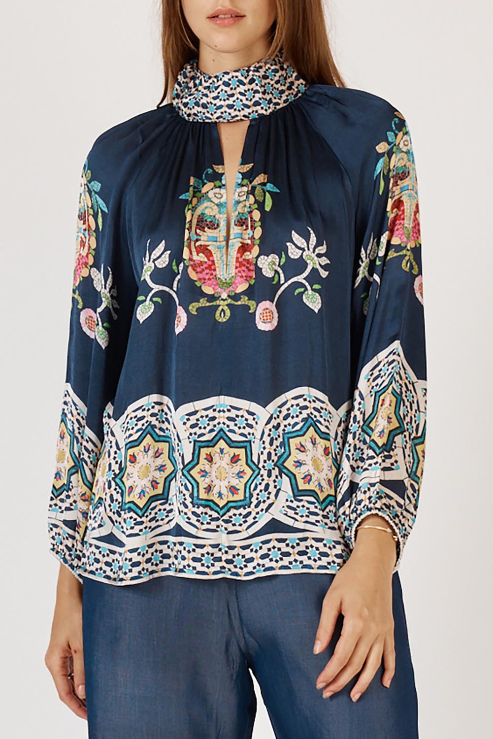 A model wearing the Garcia Shirt in colour Navy (Blue), from the front, cropped image
