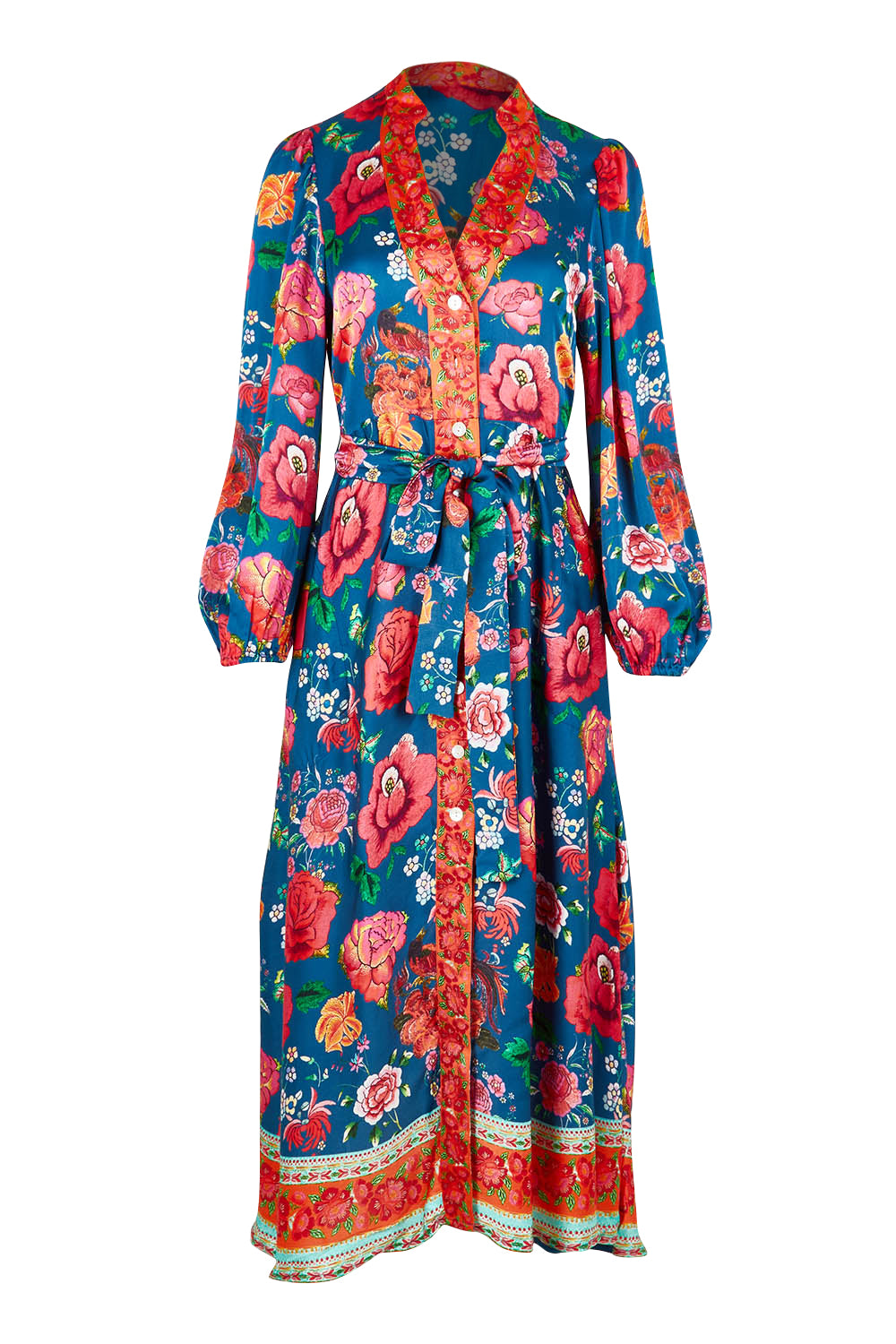 Product shot of the Mexican Flower Maxi Dress in colour Bluemulti (Blue), from the front