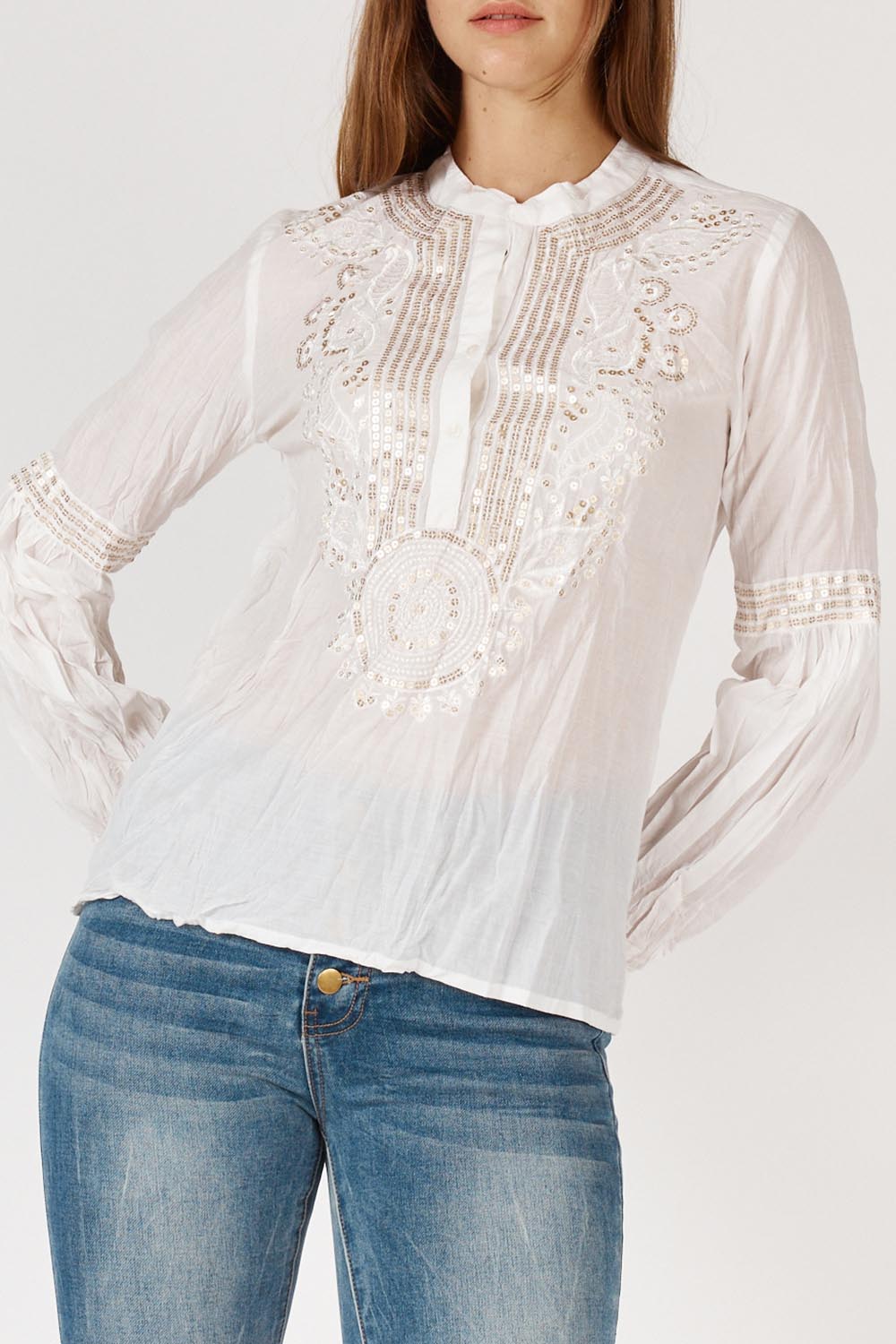 A model wearing the Moonshine Cotton Shirt in colour White (White), from the front, cropped image