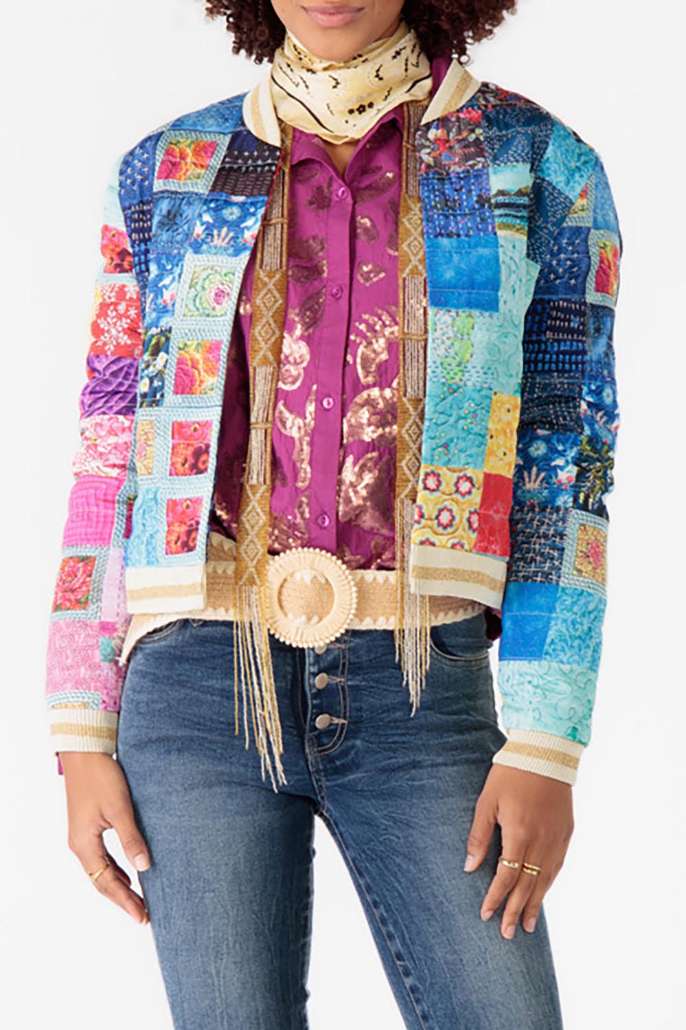 A model wearing the Oklahoma Quilted Jacket in colour Multi (Blue), from the front, cropped image