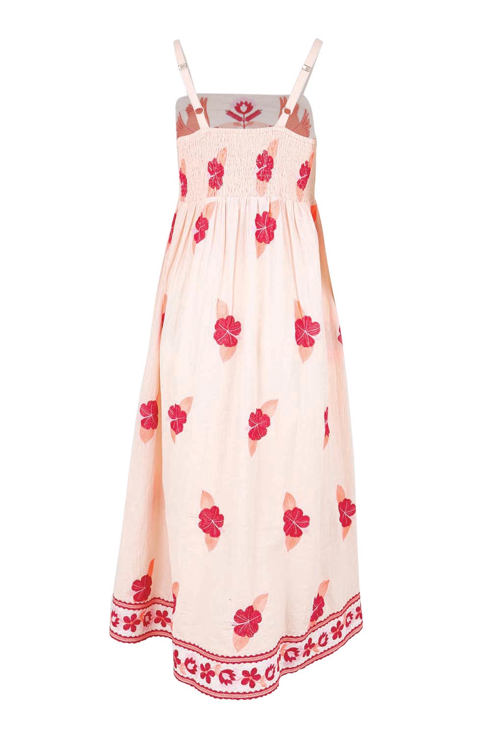 Product shot of the Palmy Sundress – Pink in colour Pink, from the back
