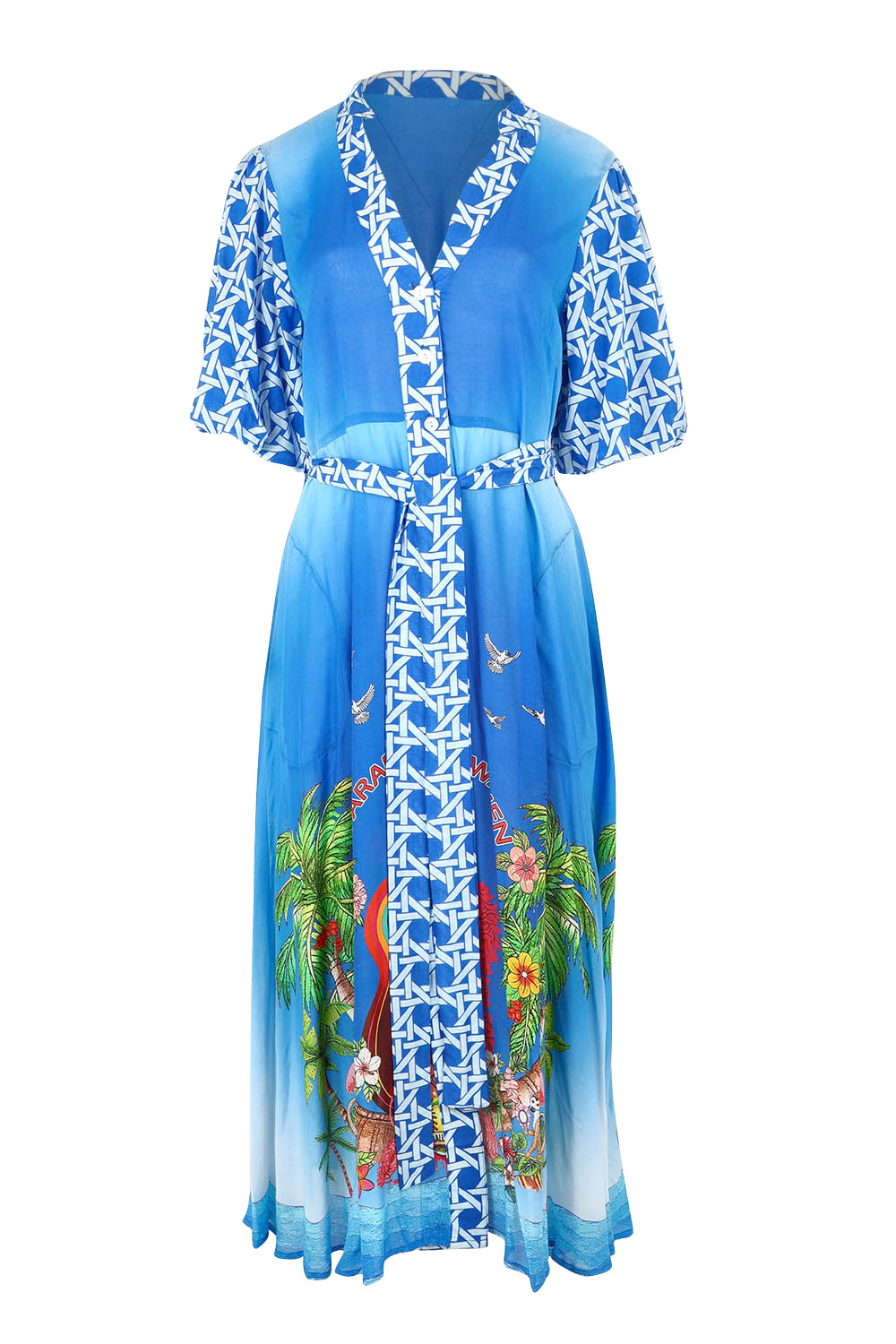 Product shot of the Paradis Maxi Dress in colour Blue (Blue), from the front