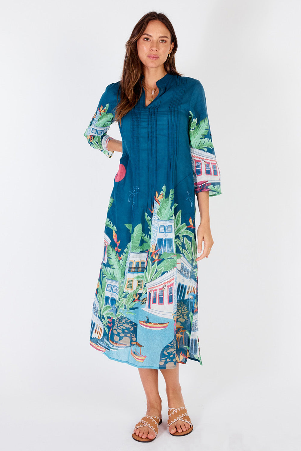 A model wearing the Paraty Cotton Kaftan Dress in colour Multi (Blue), from the front, showing the whole outfit
