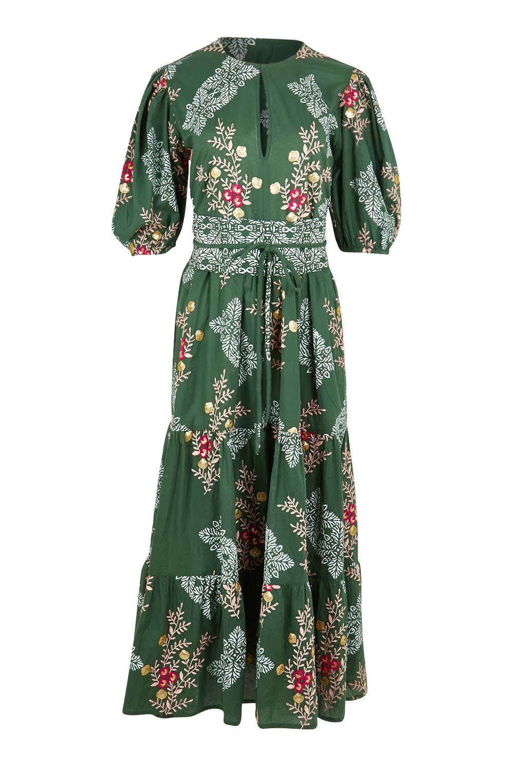 Product shot of the Primavera Cotton Maxi Dress in colour Olive (Green), from the front