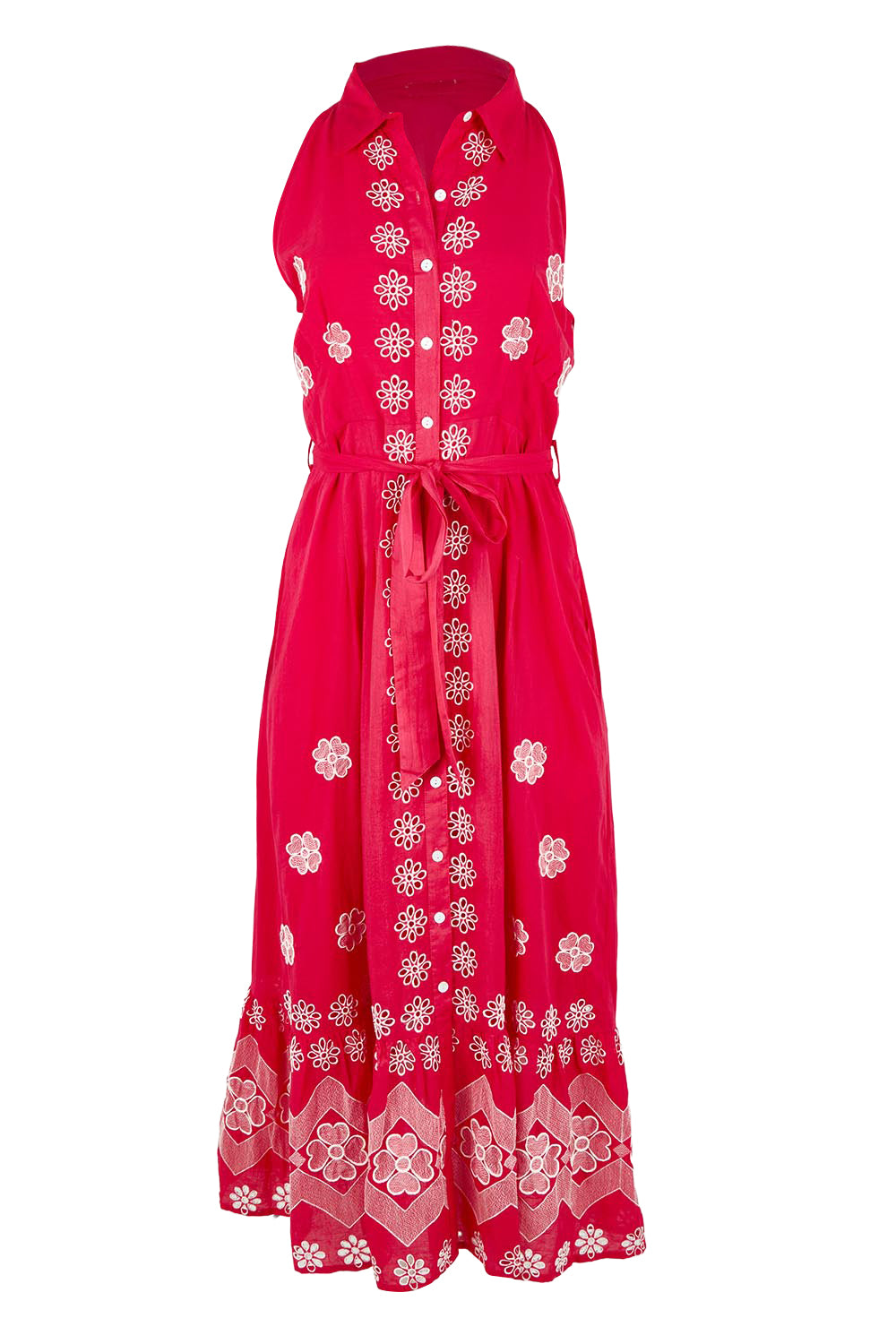 Product shot of the Ravello Cotton Maxi Dress in colour Watermelon (Red), from the front