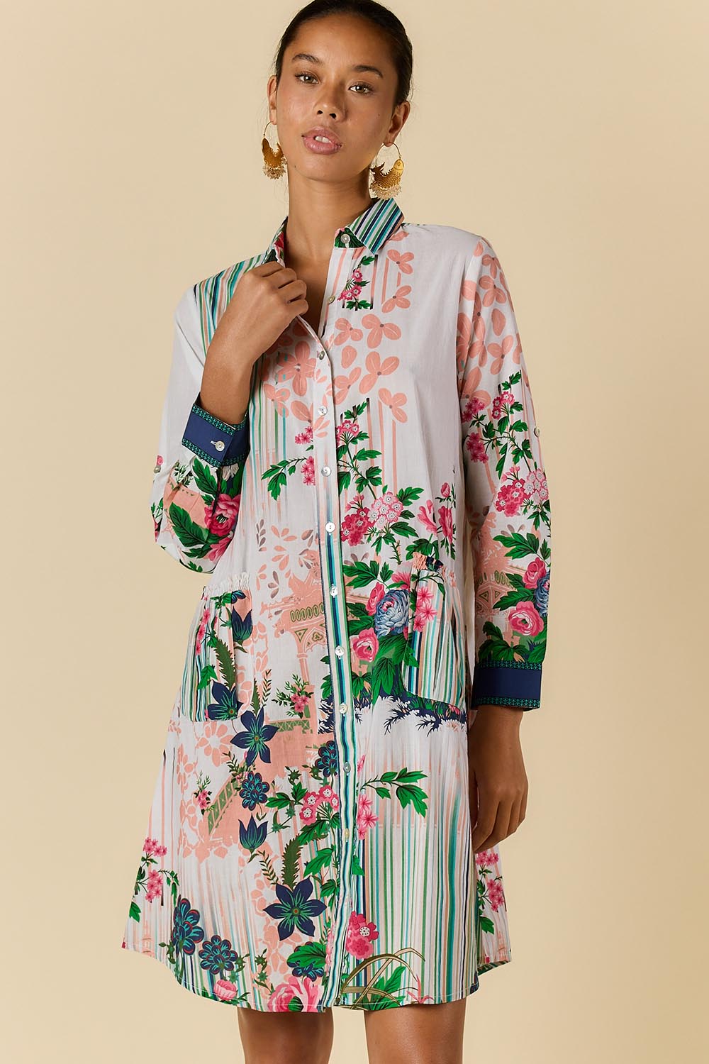 Model Genericm wearing size sample of the Roseanne Shirtmaker Dress – Multi in colour Multi, from the front