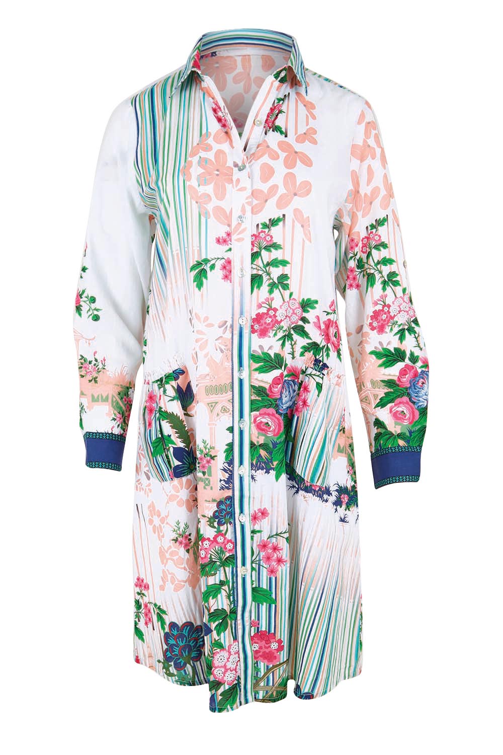 Product shot of the Roseanne Shirtmaker Dress – Multi in colour Multi, from the front