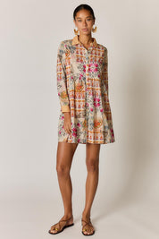 Model Genericm wearing size sample of the Rosetta Dress – Gold in colour Gold, from the front