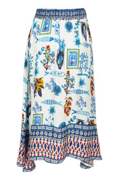 Product shot of the Sardinia Skirt in colour Multi (Blue), from the back