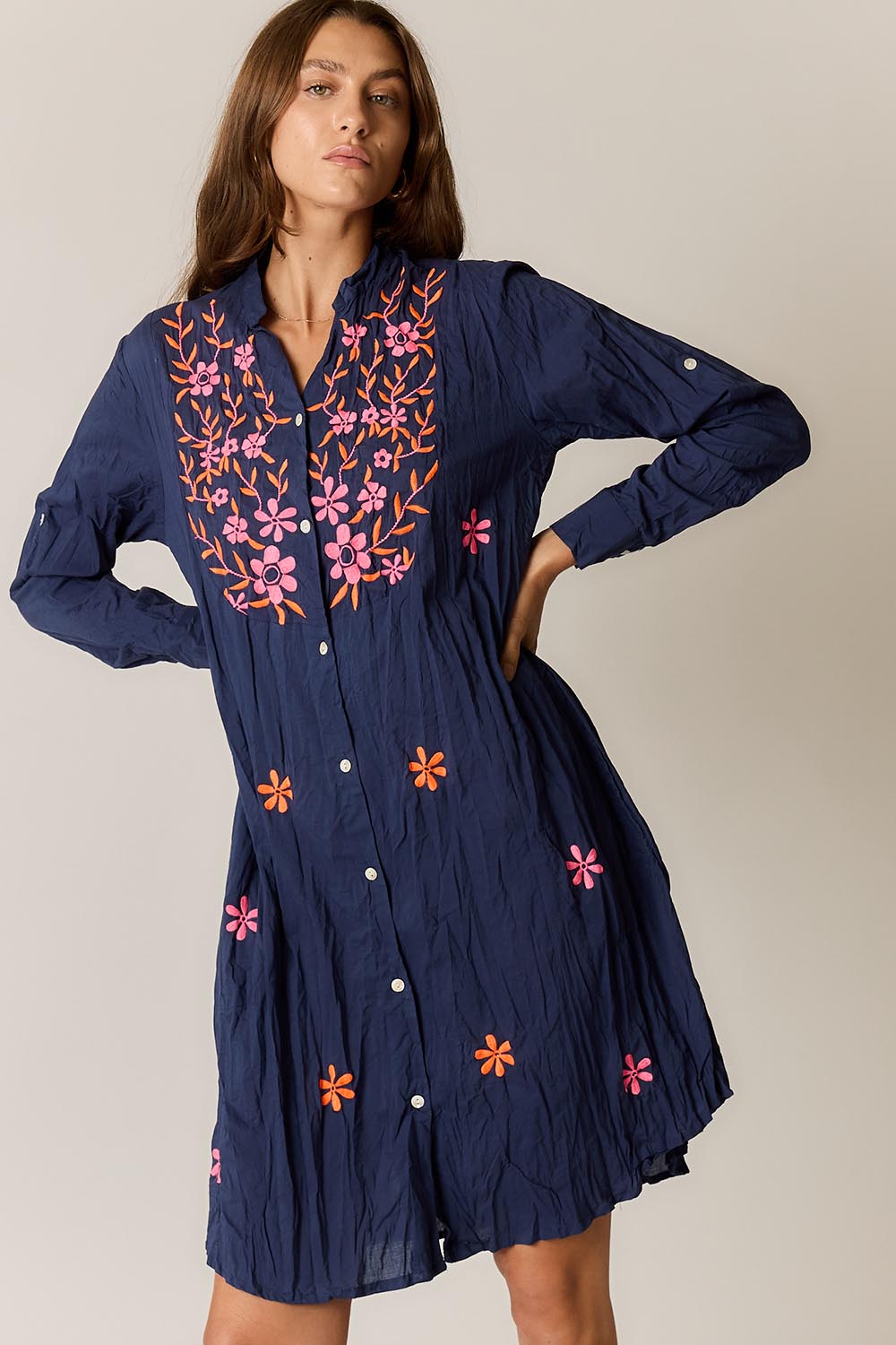 Model Genericm wearing size sample of the Sasha Shirtmaker Dress – Navy in colour Navy, in a cropped view