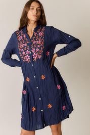 Model Genericm wearing size sample of the Sasha Shirtmaker Dress – Navy in colour Navy, in a cropped view