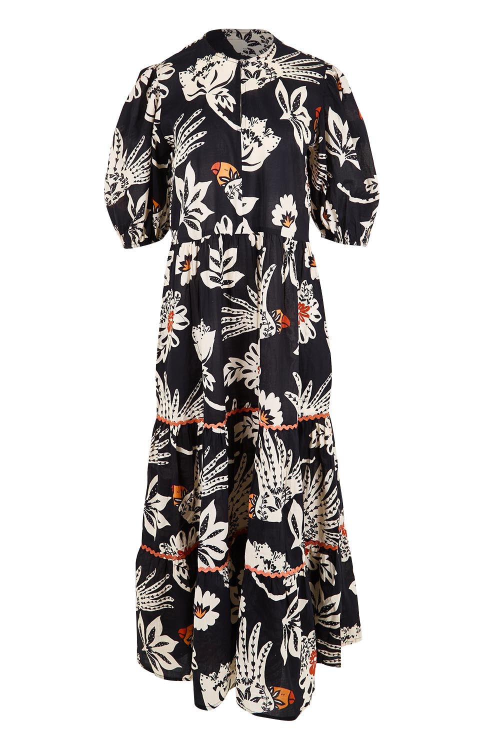 Product shot of the Tucan Cotton Maxi Dress – Black in colour Black, from the front