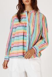 A model wearing the Vishnik Cotton Shirt in colour Stripe, from the front, cropped image