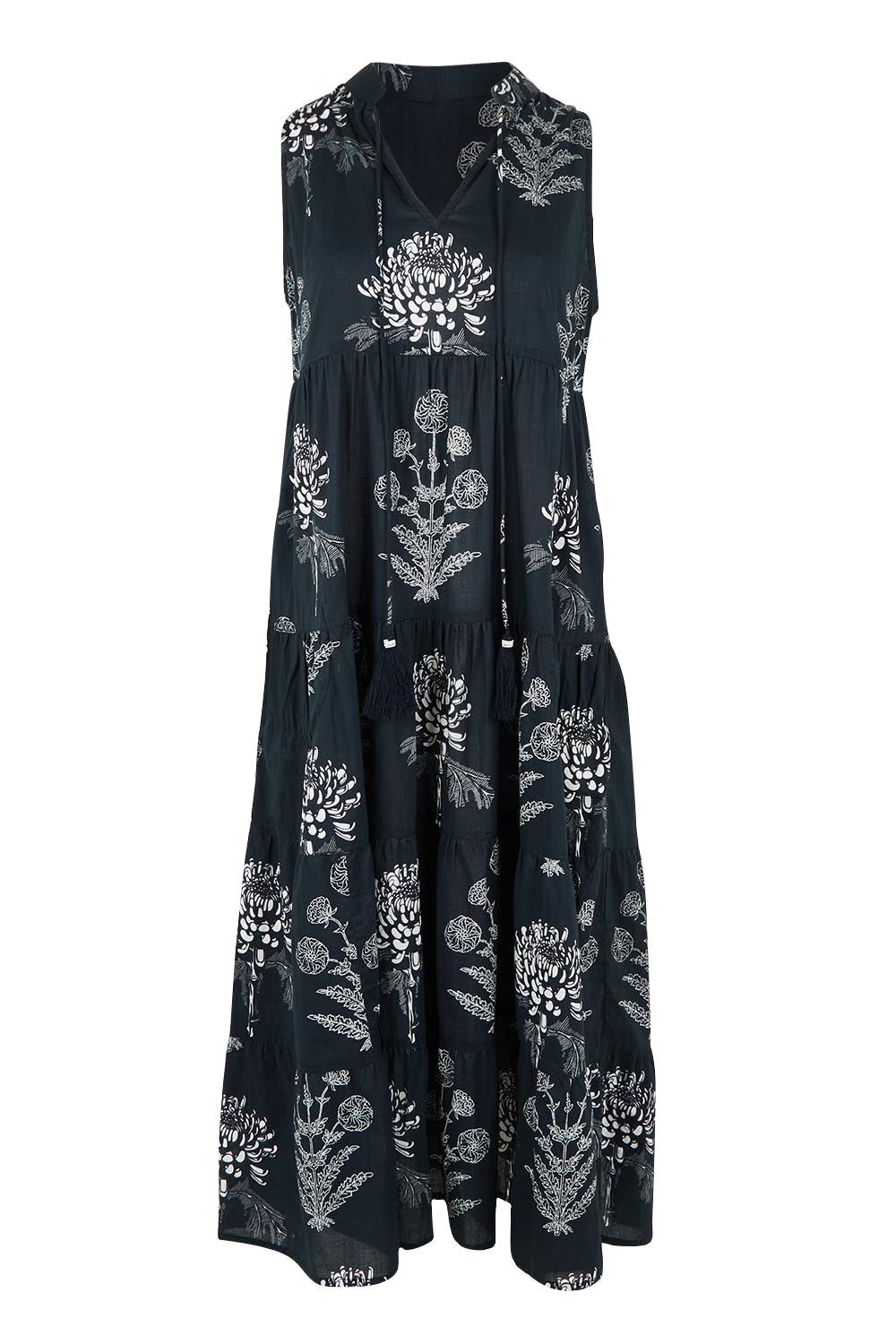 Product shot of the Waratah Cotton Dress in colour Print (Black), from the front