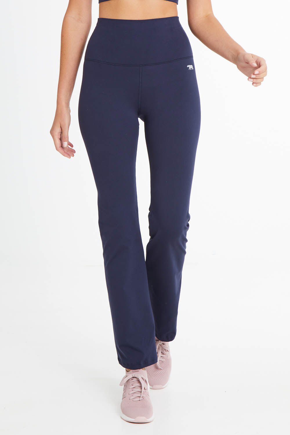 Model Madeline wearing size 10 of the Ab Tastic Peach Studio Jazz Bootleg in colour Crew (Blue), from the front, cropped image