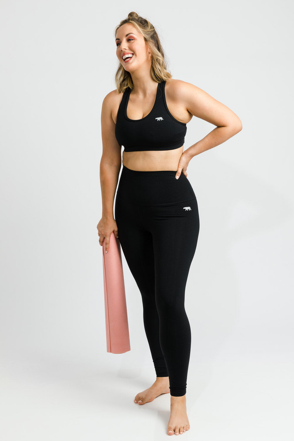 Model Jess wearing size 14 of the Abtastic Studio Full Length Tight in colour Black (Black), from the front, showing the whole outfit