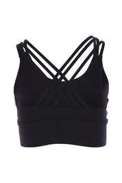 Product shot of the Lotus Trio Long Line Sports Bra in colour Black (Black), from the back