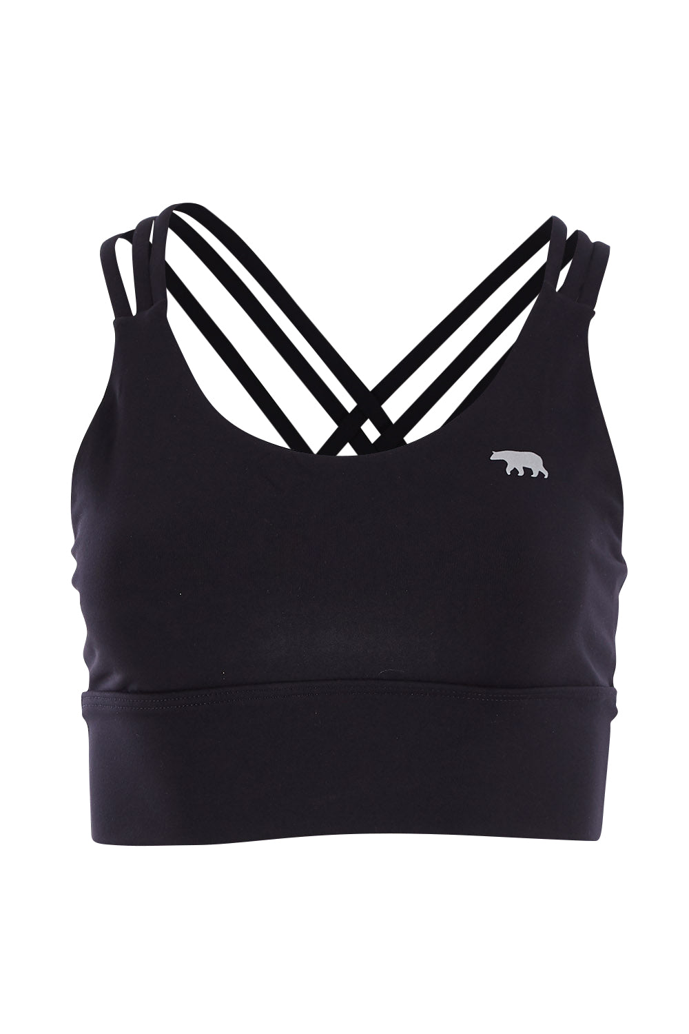 Product shot of the Lotus Trio Long Line Sports Bra in colour Black (Black), from the front