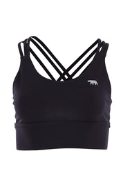 Product shot of the Lotus Trio Long Line Sports Bra in colour Black (Black), from the front