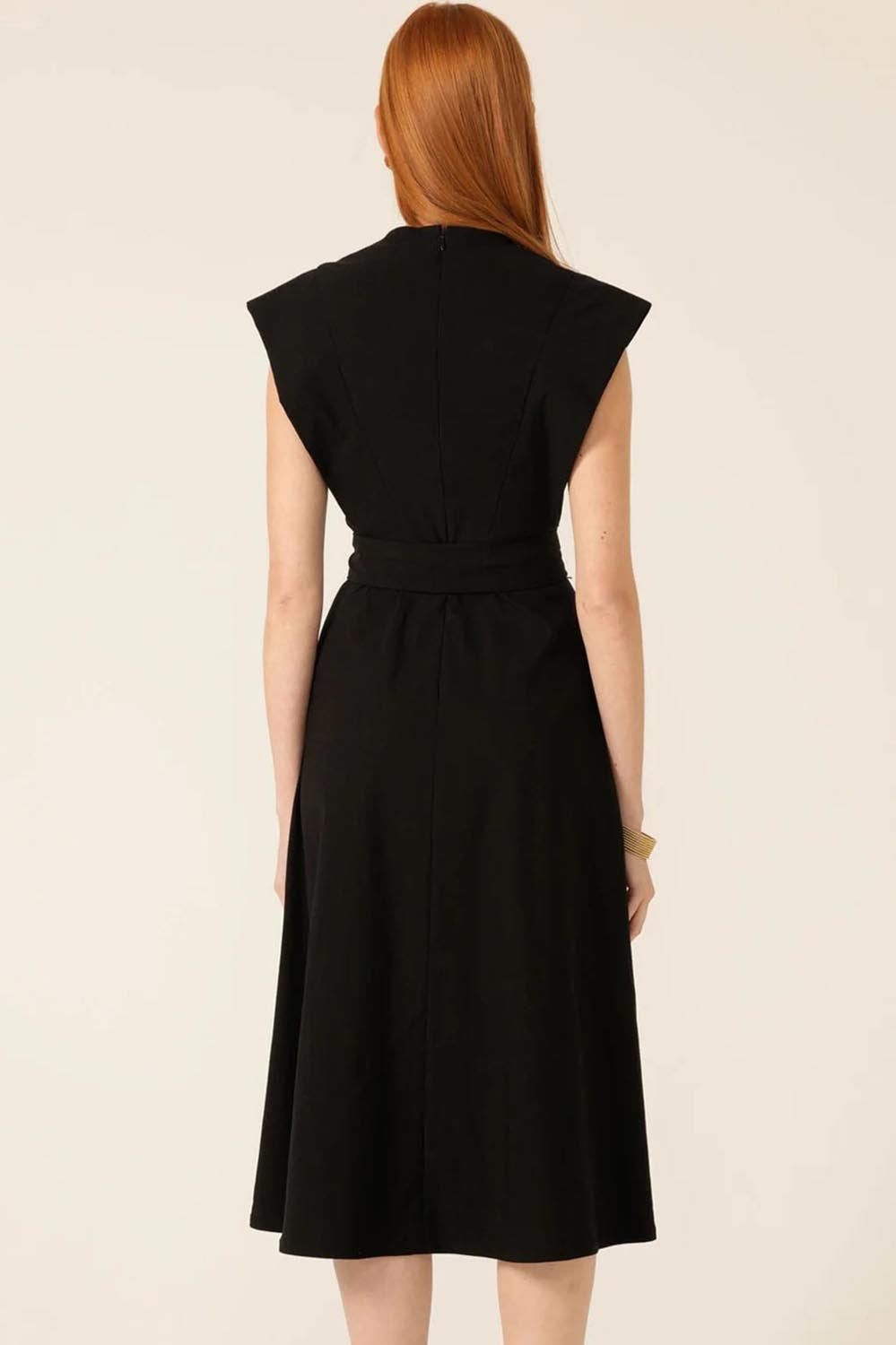 A model wearing the Zip Front Fit & Flare Dress in colour Black (Black), from the back