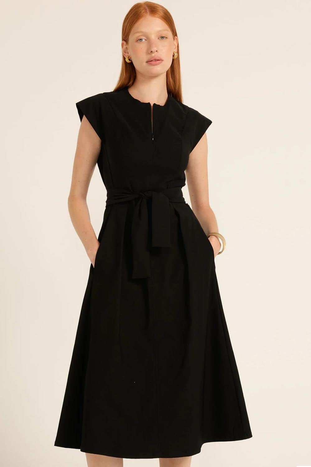 A model wearing the Zip Front Fit & Flare Dress in colour Black (Black), from the front, cropped image