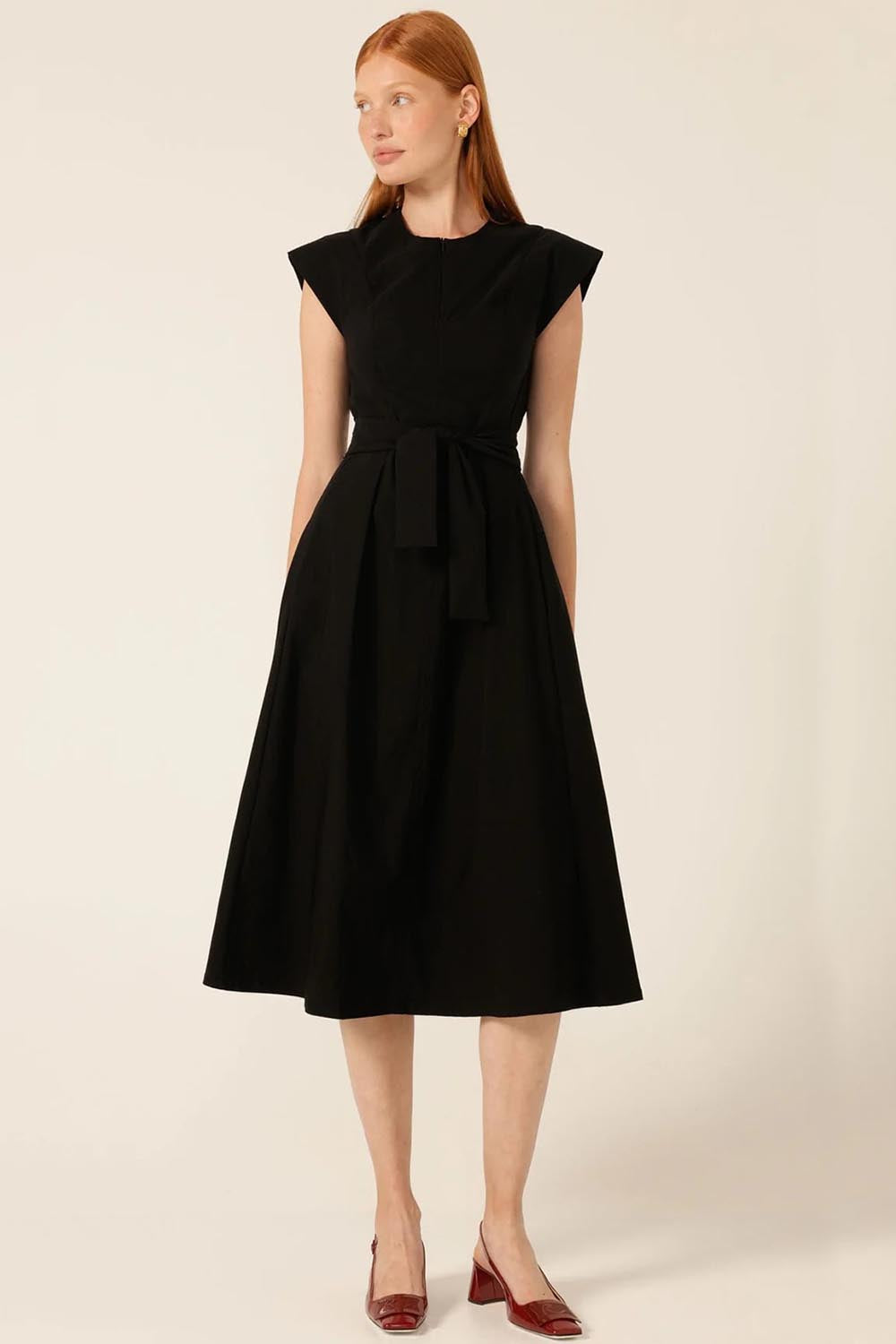 A model wearing the Zip Front Fit & Flare Dress in colour Black (Black), from the front, showing the whole outfit