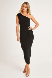 Model Alice wearing size 10 of the Valedictory Dress in colour Black (Black), from the front, showing the whole outfit