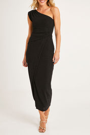 Model Alice wearing size 10 of the Valedictory Dress in colour Black (Black), from the front, showing the whole outfit