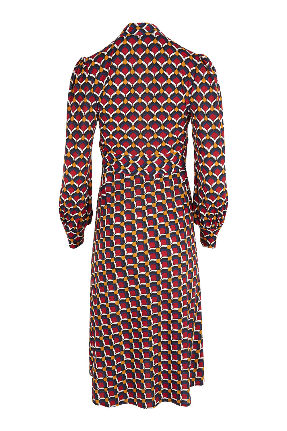 Product shot of the Auriga Dress in colour Ruby (Red), from the back