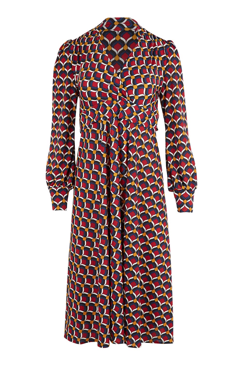 Product shot of the Auriga Dress in colour Ruby (Red), from the front