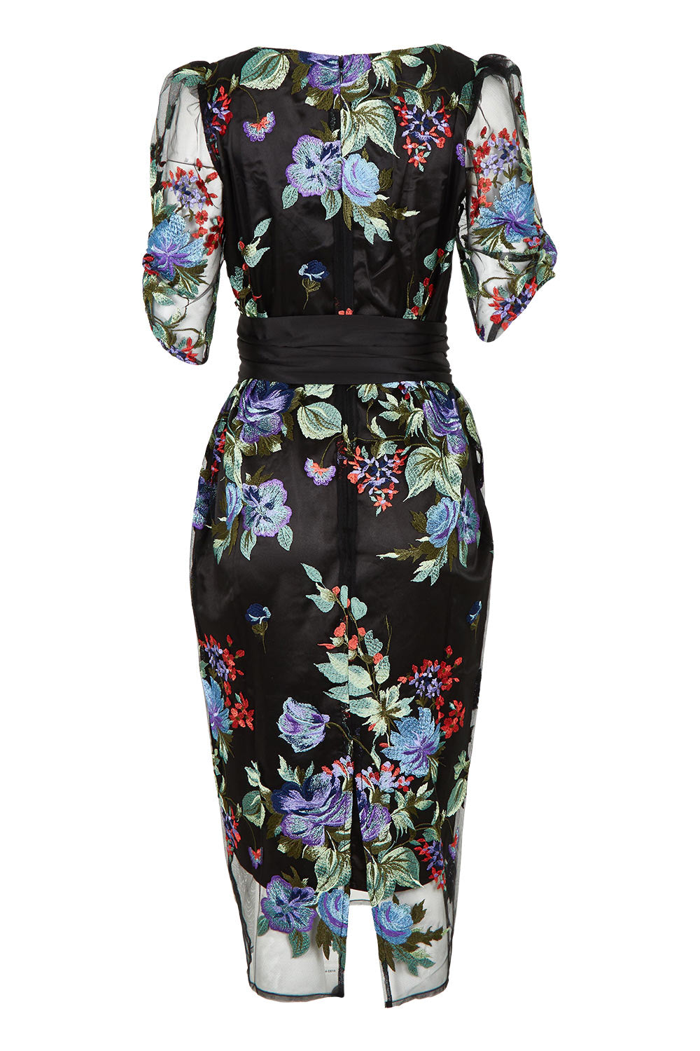 Product shot of the Mont Tombe Dress in colour Floral (Black), from the back