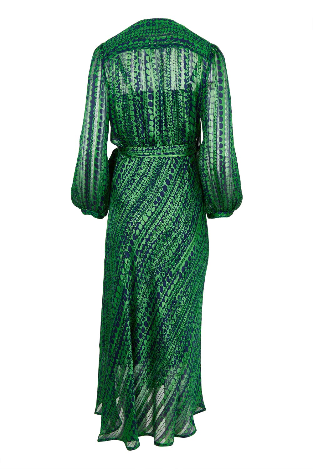 Product shot of the Savoir Midi Wrap Dress in colour Green (Green), from the back