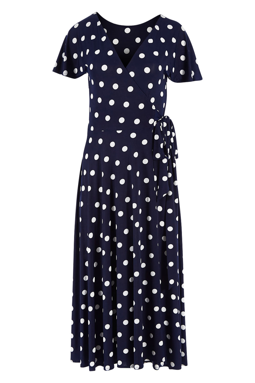 Product shot of the Reverse Wrap Midi Fluted Sleeve Dress in colour Polka (Blue), from the front