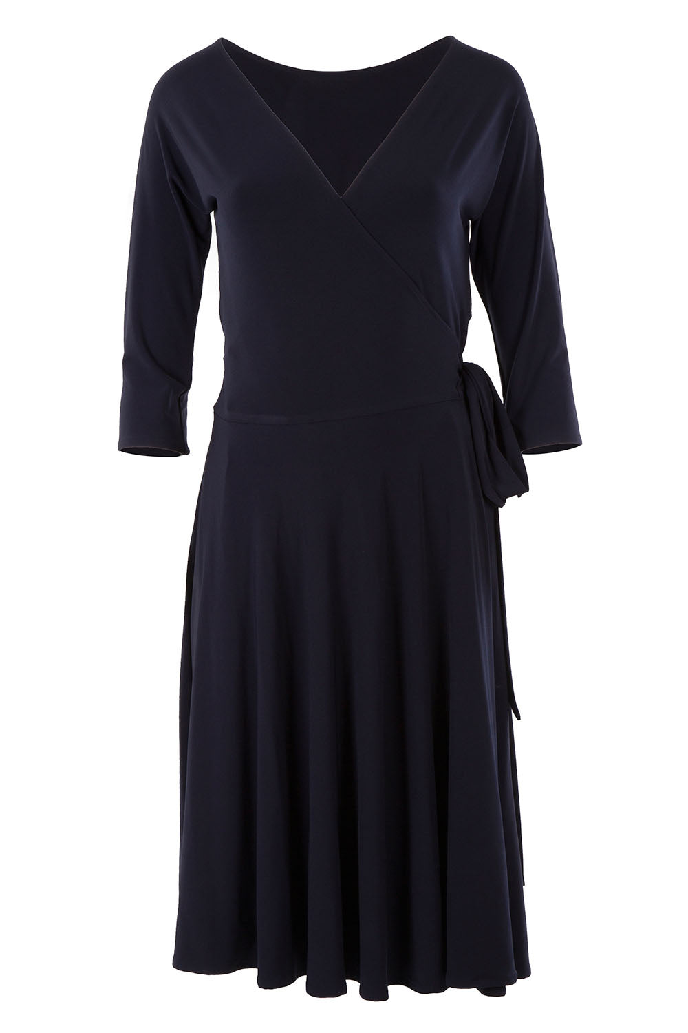 Product shot of the Reverse Wrap Full Skirt Dress in colour Navy (Blue), from the front
