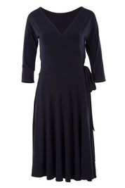 Product shot of the Reverse Wrap Full Skirt Dress in colour Navy (Blue), from the front