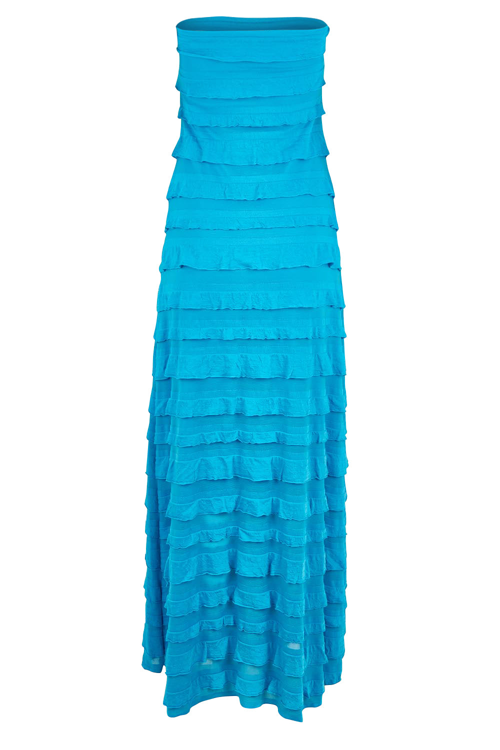 Product shot of the Maddison Maxi Ruffle Dress in colour Aqua (Blue), from the back