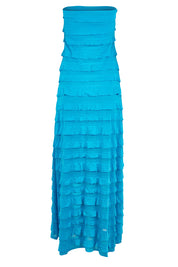 Product shot of the Maddison Maxi Ruffle Dress in colour Aqua (Blue), from the back