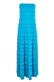 Product shot of the Maddison Maxi Ruffle Dress in colour Aqua (Blue), from the front